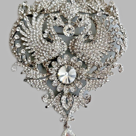 vintage double bird rhinestone brooch ... clear rhinestones, love birds - Picture 5 of 8